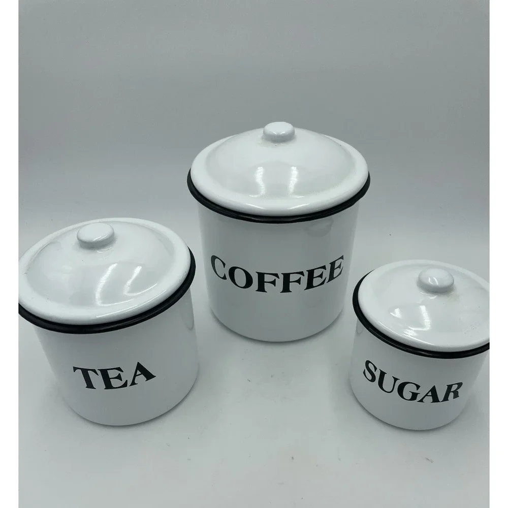 Farmhouse Coffee Tea Sugar White‎ Black Enamelware Canister Set Metal Cottage